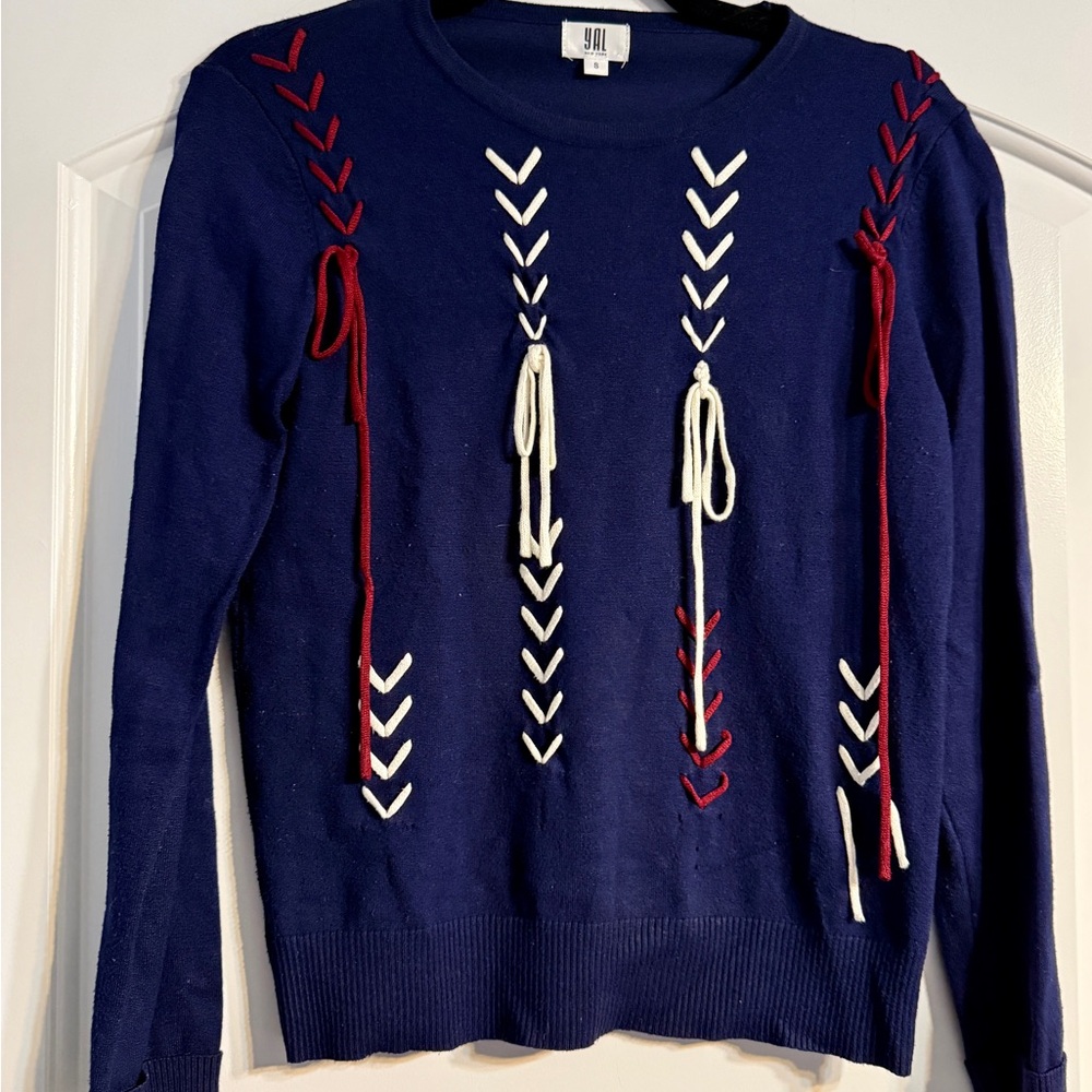 YAL‎ New York Navy Sweater with Red and White Lace Detailing